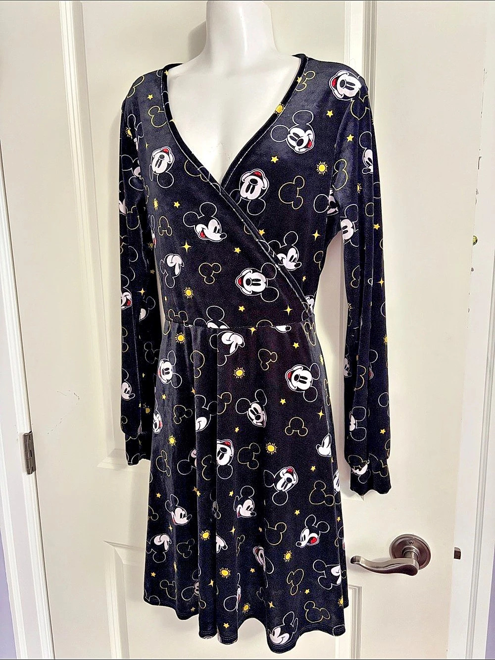Disney Mickey Mouse All Over Print Velvet Faux Wrap Dress Black XL